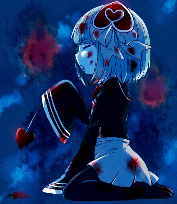 1girl, =_=, arm_support, artistic_error, bad_id, bad_pixiv_id, black_pantyhose, blood