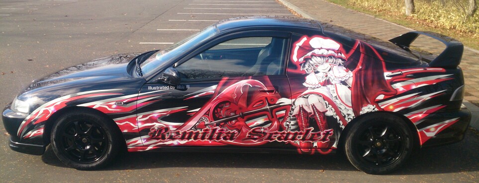 1girl, ascot, bat_wings, boots, bow, brooch, capelet, car