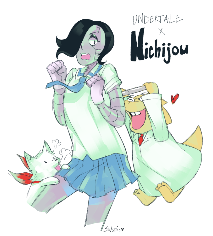 1boy, 1girl, alphys, android, annoying_dog, bad_id, bad_pixiv_id, black_hair, copyright_name, cosplay, crossdressing, dog, hair_over_one_eye, mettaton, mettaton_ex, monster_girl, nichijou, open_mouth, parody, pleated_skirt, professor_shinonome, professor_shinonome_(cosplay), sakamoto_(nichijou), sakamoto_(nichijou)_(cosplay), scarf, school_uniform, serafuku, shinonome_nano, shinonome_nano_(cosplay), skirt, tokisadame_school_uniform, undertale, utdr_(toby_fox), venusianpeach, winding_key