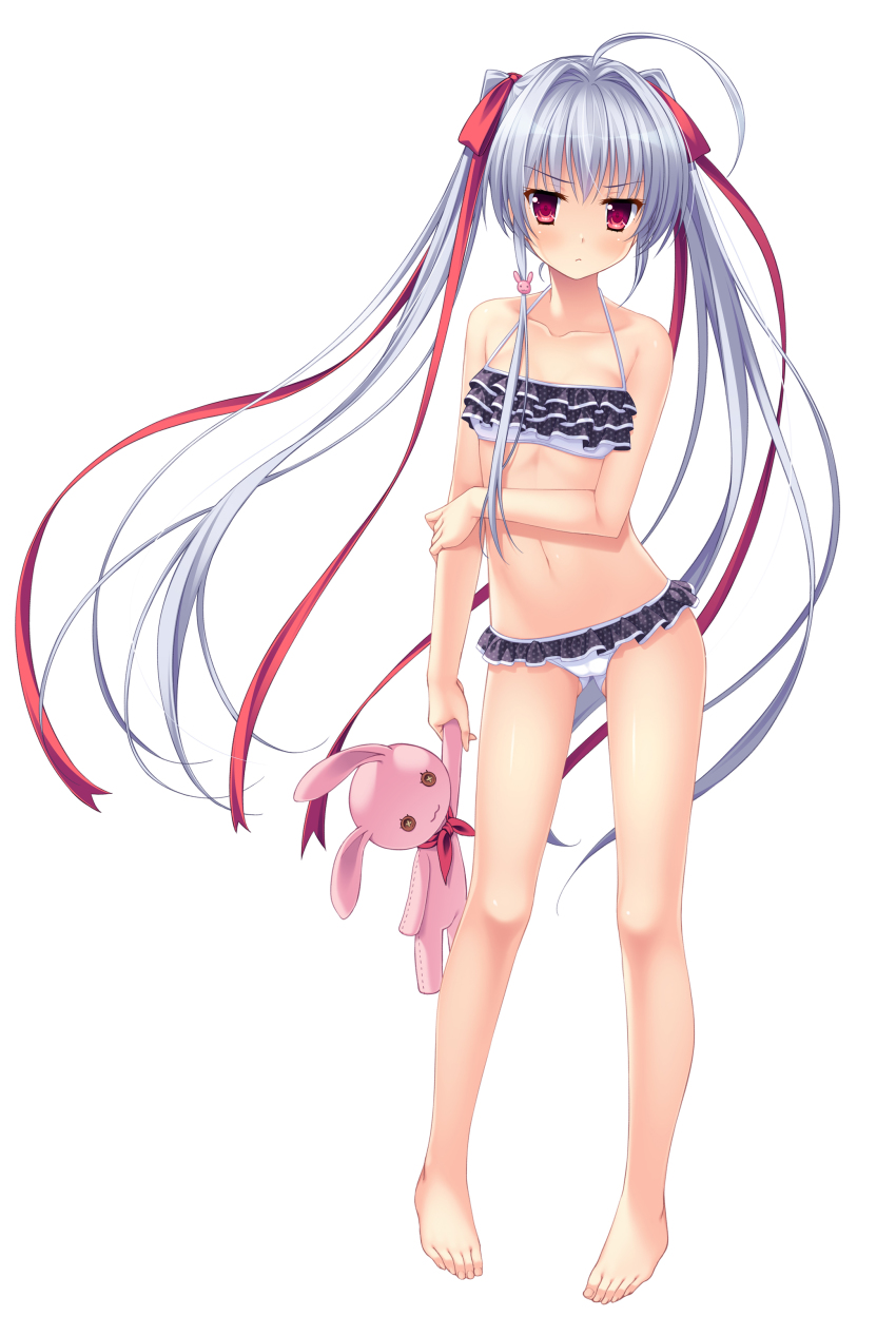 1girl, :<, absurdres, ahoge, barefoot, bikini, breasts, collarbone