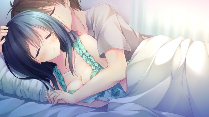 1boy, 1girl, bed, black_hair, breasts, brown_hair, cleavage, closed_eyes