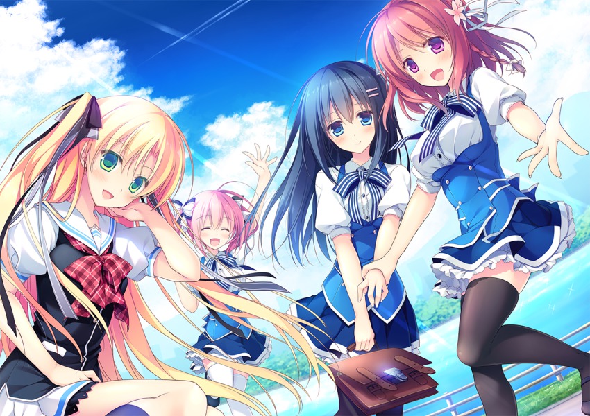 3girls, black_hair, black_legwear, black_ribbon, blonde_hair, blue_eyes, brown_hair, chibana_ryoka