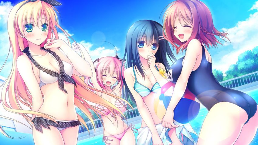 4girls, bikini, black_hair, blonde_hair, blue_bikini, blue_eyes, breasts, brown_hair