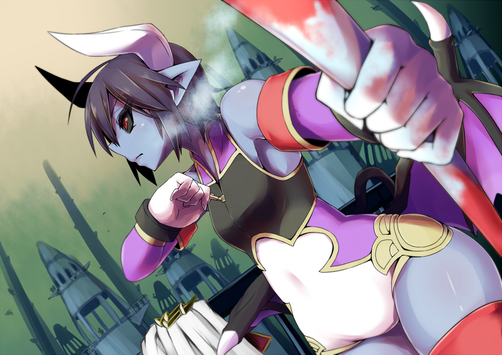 1girl, bad_id, bad_twitter_id, bare_shoulders, black_hair, black_sclera, blue_skin, city