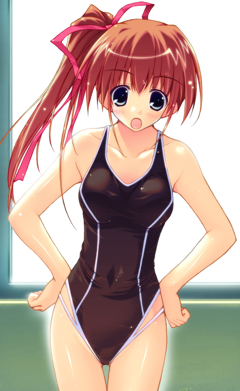 blue_eyes, blush, bow, brown_hair, competition_swimsuit, highres, jpeg_artifacts, momose_mio