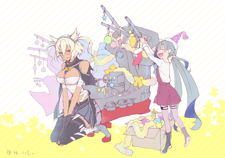 10s, 2girls, :d, ^_^, black_legwear, blonde_hair, box, cannon