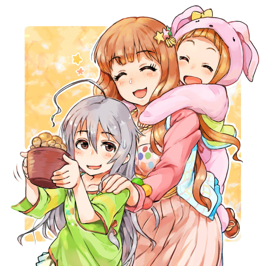 3girls, :3, ahoge, animal_costume, blush, brown_hair, carrying, closed_eyes