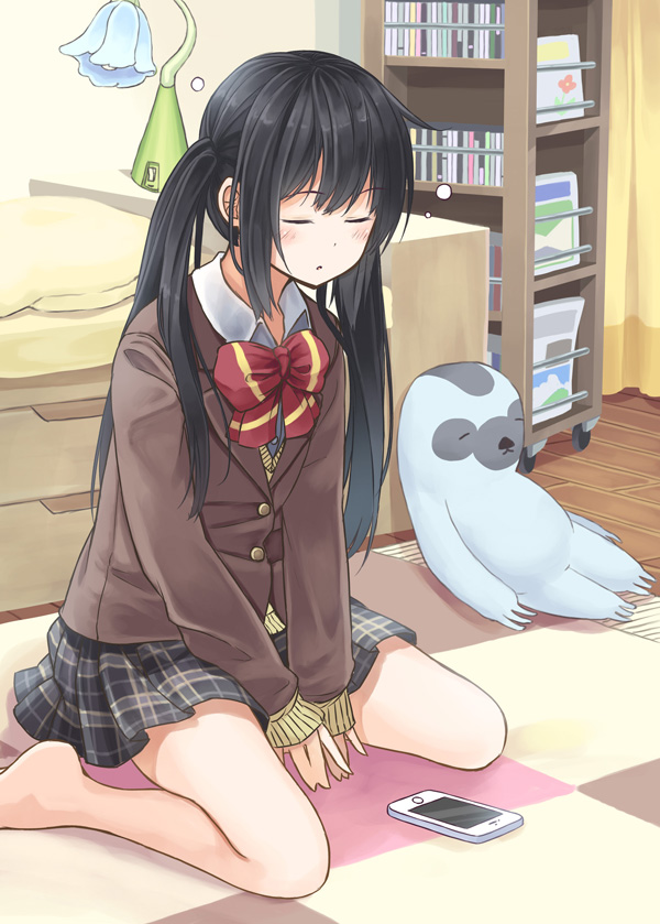 1girl, barefoot, bed, bed_sheet, between_legs, black_hair, blazer, blush, book, bookshelf, bow, bowtie, buttons, carpet, cellphone, collared_shirt, commentary, curtains, desk_lamp, female_focus, hand_between_legs, indoors, jacket, kusunoki_kozue_(mikkii), kusunoki_kozue_(niichi), lamp, long_hair, long_sleeves, niichi_(komorebi-palette), original, parted_lips, phone, pillow, revision, school_uniform, shirt, sitting, sleeping, sleeping_upright, sleeves_past_wrists, smartphone, solo, stuffed_animal, stuffed_toy, twintails, very_long_hair, wariza, wooden_floor