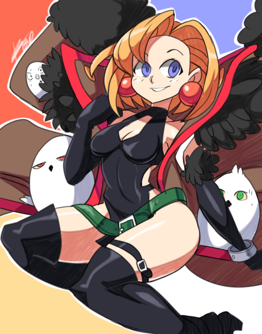 1girl, artemis_(junketsu_no_maria)_(bird), bad_id, bad_tumblr_id, bare_shoulders, belt, bigdead, black_gloves, black_thighhighs, blonde_hair, blue_eyes, boots, bracelet, breasts, cleavage, cleavage_cutout, clothing_cutout, dress, earrings, elbow_gloves, ezekiel_(junketsu_no_maria)_(bird), female_focus, gloves, halterneck, high_collar, highres, jewelry, junketsu_no_maria, maria_(junketsu_no_maria), priapus_(junketsu_no_maria)_(bird), short_dress, short_hair, smile, solo, thigh_boots, thigh_strap, thighhighs, witch