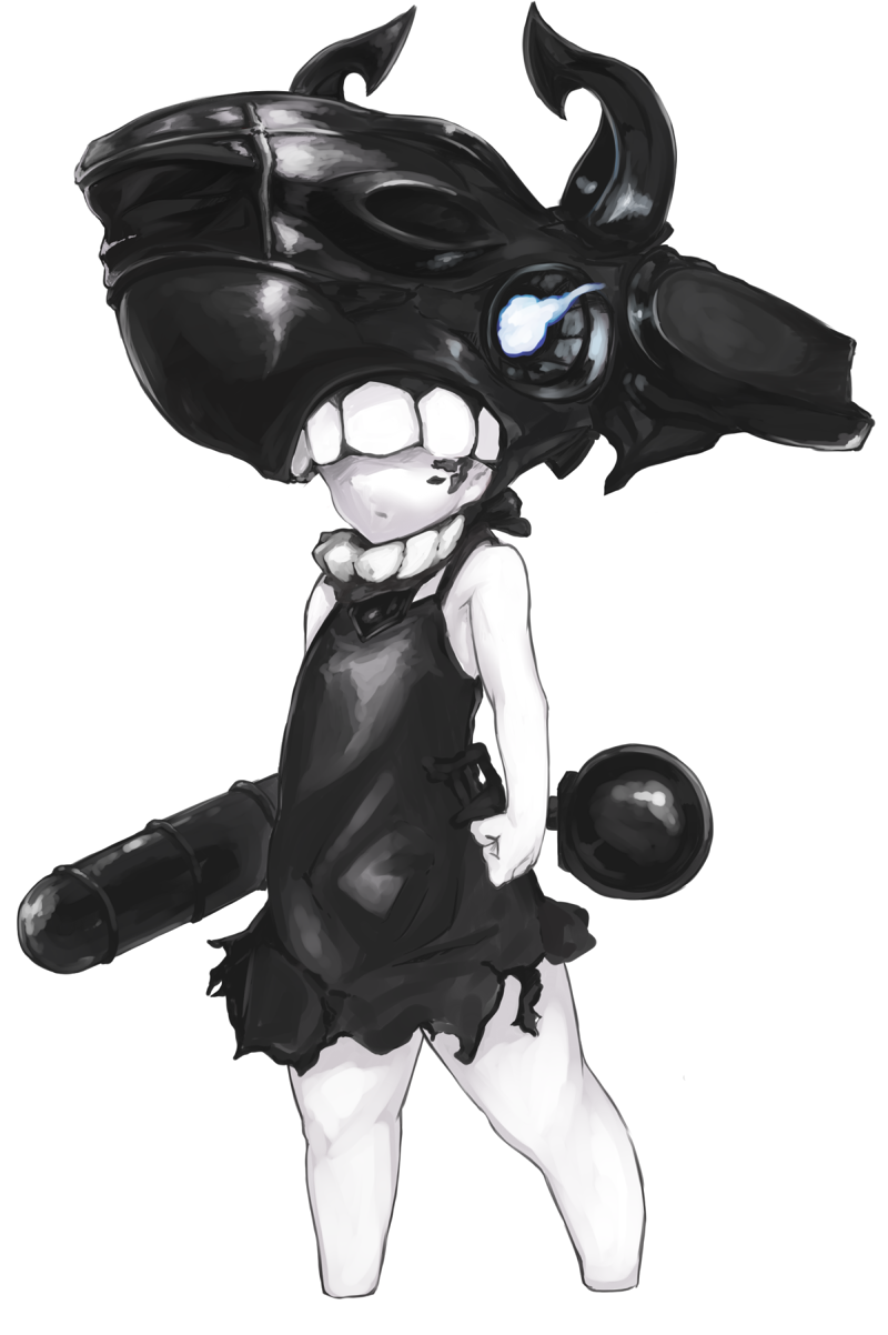 10s, 1girl, abyssal_ship, black_dress, chibi, covered_eyes, dress, eimusu_(yassun83), female_focus, glowing, glowing_eyes, highres, horns, kantai_collection, pale_skin, patrol_boat_imp_group, pt_imp_group, solo, teeth, toddler, torpedo, white_background