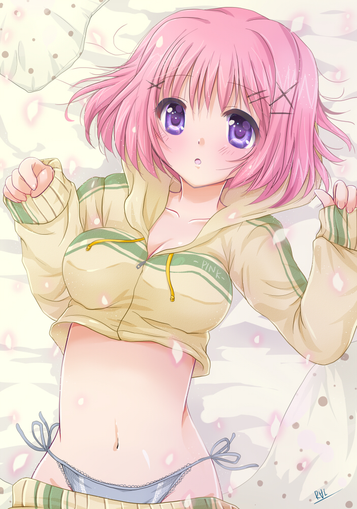 1girl, bed_sheet, blush, breasts, cleavage, clothes_pull, female_focus, grey_panties