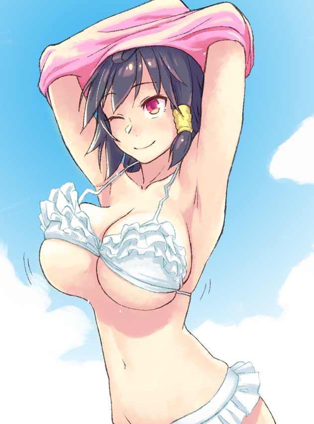 10s, 1girl, ;), armpits, arms_up, bikini, black_hair, bouncing_breasts, breasts, cleavage, female_focus, frilled_bikini, frills, hair_tubes, huge_breasts, komori-san_wa_kotowarenai!, komori_shuri, navel, one_eye_closed, outdoors, red_eyes, short_hair, smile, solo, swimsuit, underboob, undressing, white_bikini, yuuji_(and)