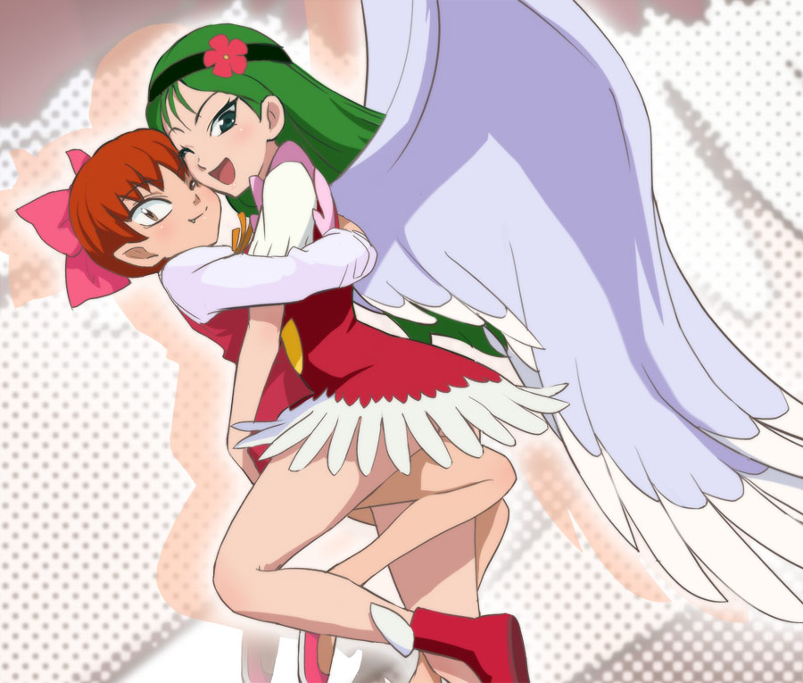 2girls, akuma-kun, bare_legs, fang, gegege_no_kitarou, gegege_no_kitarou_5, green_hair, haruyama_kazunori, hug, multiple_girls, nekomusume, nekomusume_(gegege_no_kitarou_5), no_panties, one_eye_closed, open_mouth, pointy_ears, ribbon, toriotome_nasuka, wings, wink, yuri
