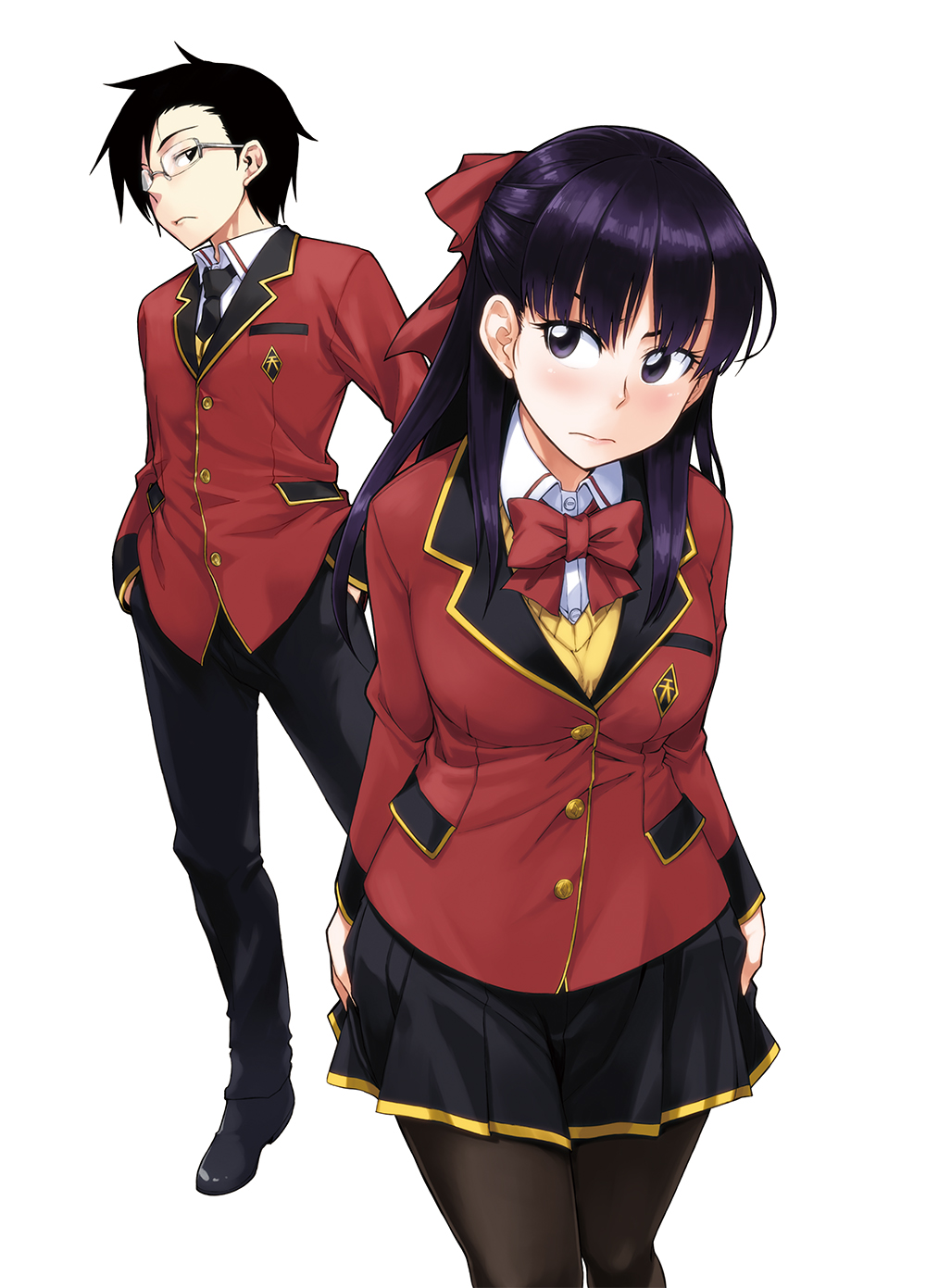 1boy, 1girl, black_eyes, black_hair, black_pantyhose, blazer, bow, bowtie