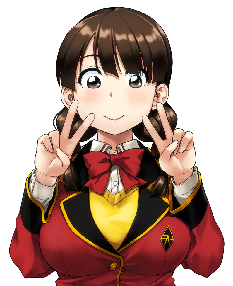 1girl, :>, blazer, bow, bowtie, braid, breasts, brown_eyes