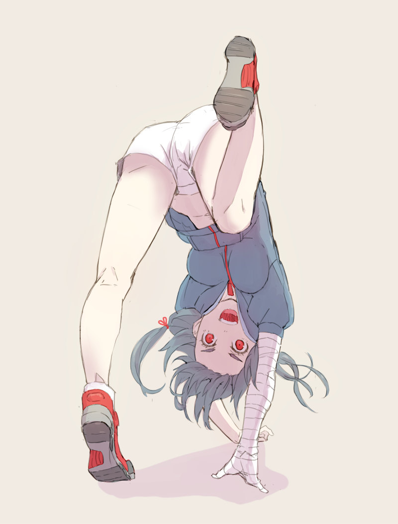 10s, 1girl, :d, arm_support, bandaged_arm, bandages, black_hair, breasts, female_focus, hair_ribbon, handstand, hayami_ritsu, hood, hoodie, kanbaru_suruga, long_hair, monogatari_(series), one_arm_handstand, open_mouth, owarimonogatari, red_eyes, ribbon, shadow, shoes, shorts, smile, sneakers, solo, standing, standing_on_one_leg, tiptoes, twintails, upshorts, upside-down