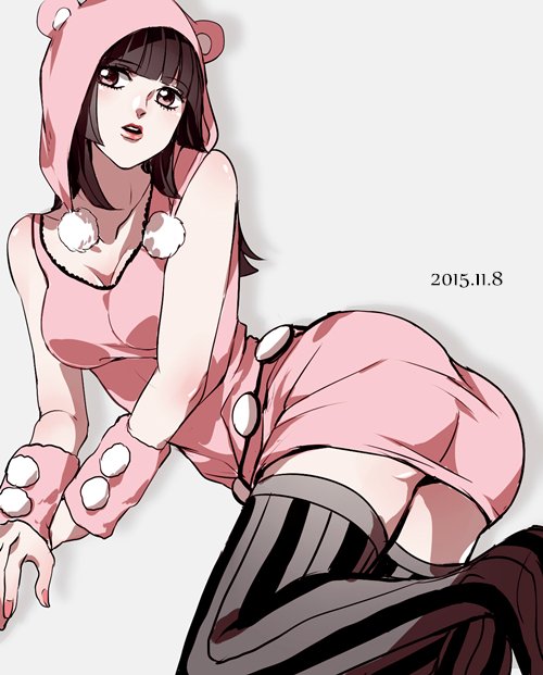 1girl, animal_ears, ass, black_hair, fake_animal_ears, female_focus, higashikata_daiya, hood, jojo_no_kimyou_na_bouken, jojolion, rena_(renasight), sleeveless, solo, striped_clothes, striped_thighhighs, thighhighs, vertical-striped_clothes, vertical-striped_thighhighs
