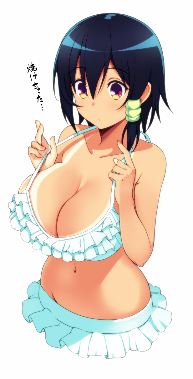 10s, 1girl, bikini, bikini_skirt, bikini_tan, black_hair, breasts, cleavage