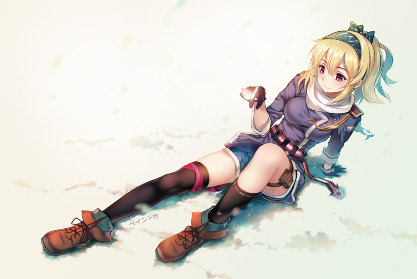 1girl, aiguillette, assault_rifle, belt, black_thighhighs, blonde_hair, bolt_action, boots