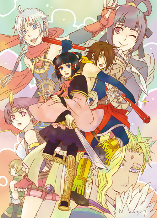 3boys, 4girls, black_hair, blonde_hair, blue_eyes, bow, brown_hair, dark_skin