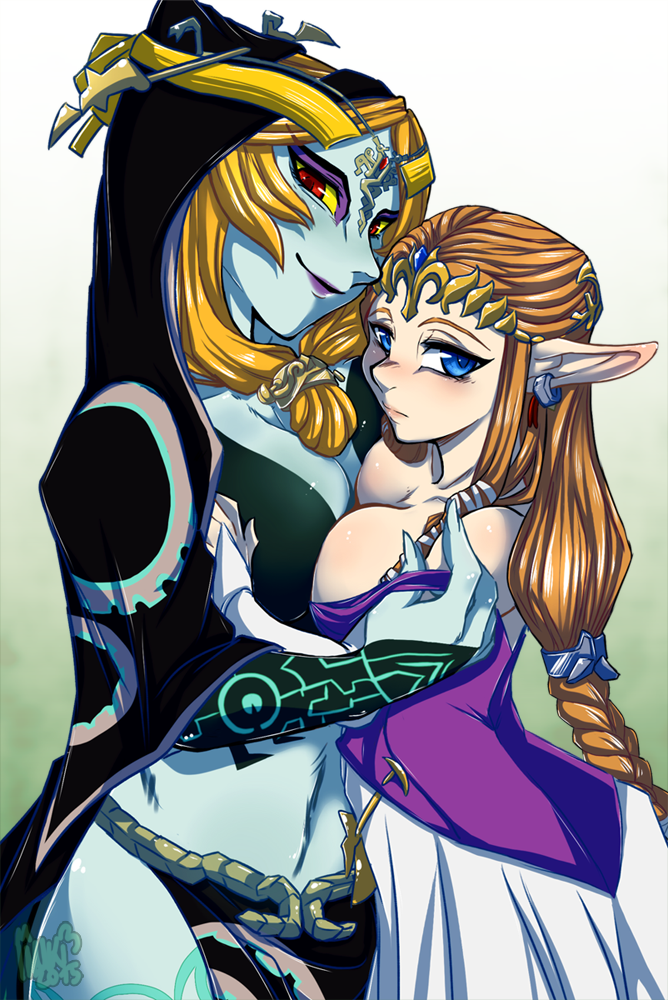 2girls, blue_eyes, blue_skin, braid, breast_press, breasts, bridal_gauntlets, brown_hair