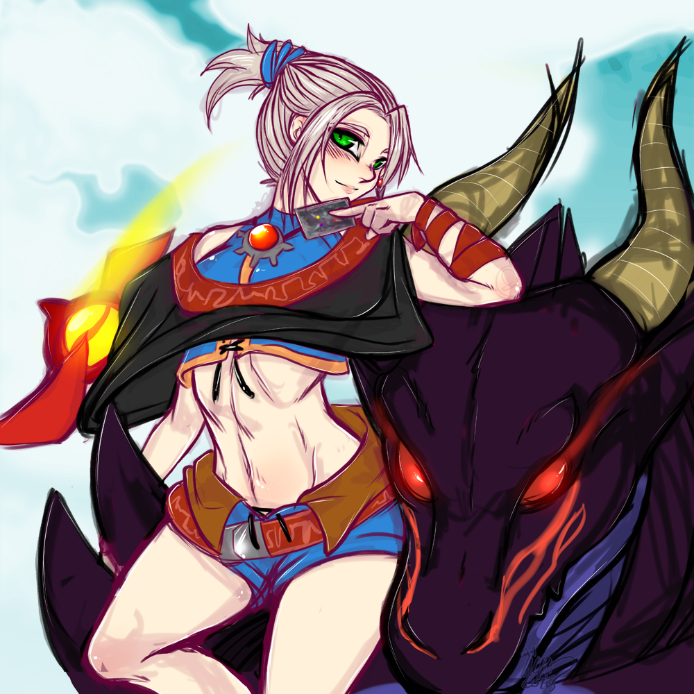 1girl, arm_ribbon, belt, capelet, card, crop_top, dragon, earrings, flat_chest, green_eyes, high_ponytail, inuki, jewelry, lips, midriff, ponytail, ribbon, rune_(game), rune_ii, short_hair, shorts, silver_hair, solo_focus, tara_grimface