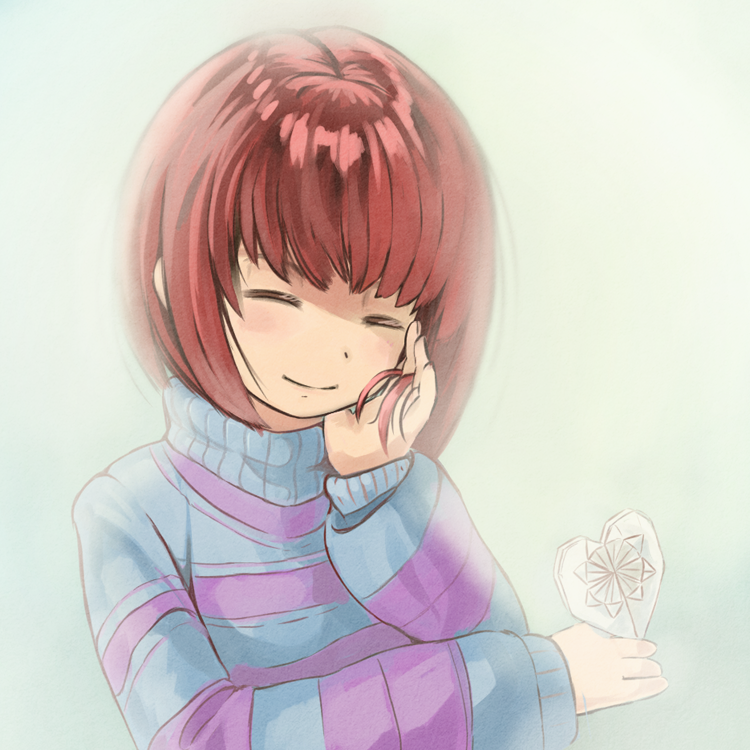 ^_^, androgynous, brown_hair, closed_eyes, frisk_(undertale), gender_request, hand_in_own_hair, hand_on_own_cheek