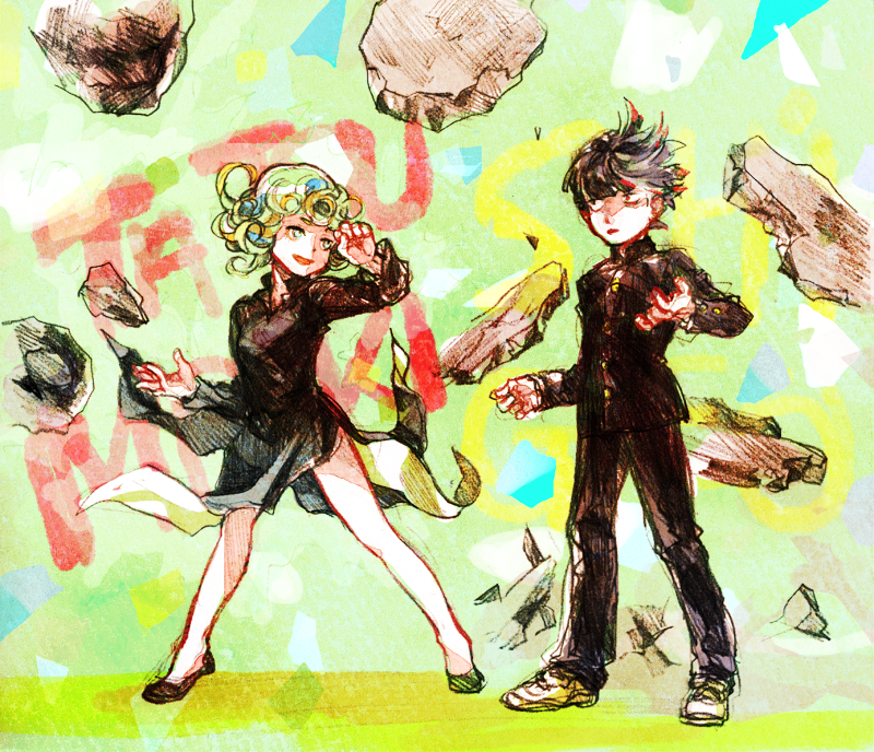 10s, 1boy, 1girl, black_dress, black_hair, black_pants, blunt_bangs, character_name, creator_connection, crossover, curly_hair, dress, flats, floating, floating_hair, gakuran, green_eyes, green_hair, kageyama_shigeo, legs_apart, levitation, long_sleeves, looking_at_another, mob_face, mob_psycho_100, morisaki_tsugumi, one-punch_man, pants, psychic, rock, school_uniform, shoes, short_hair, side_slit, sketch, smile, standing, tatsumaki, telekinesis