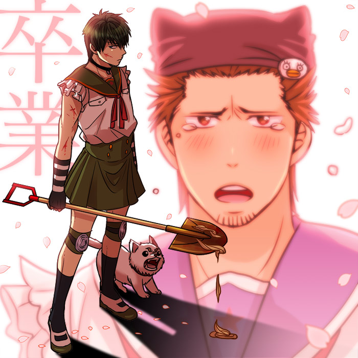 2boys, animal_hat, beard, black_socks, blush, brown_hair, choker, cosplay