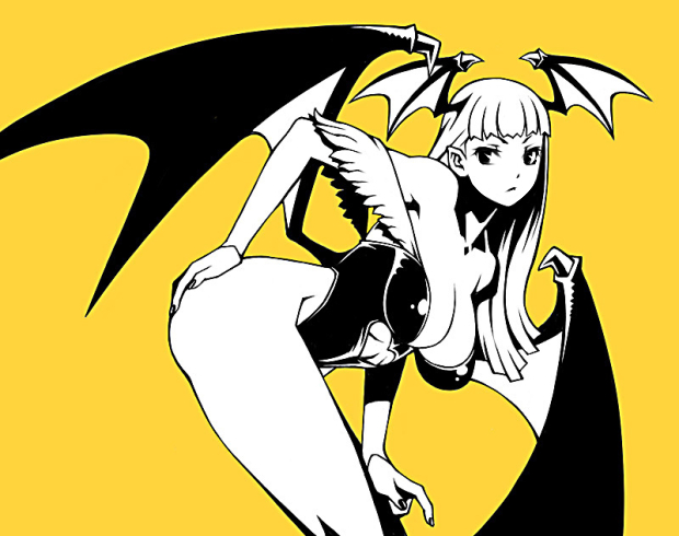 1girl, 1zu3, artist_collaboration, bad_id, bad_pixiv_id, bare_shoulders, bat_wings, bent_over, blunt_bangs, breasts, cleavage, demon_girl, demon_wings, female_focus, hand_on_own_ass, hanging_breasts, head_wings, high_contrast, large_breasts, leotard, long_hair, monochrome, morrigan_aensland, pantyhose, pointy_ears, simple_background, solo, thick_thighs, thighs, darkstalkers, wings, yellow_background