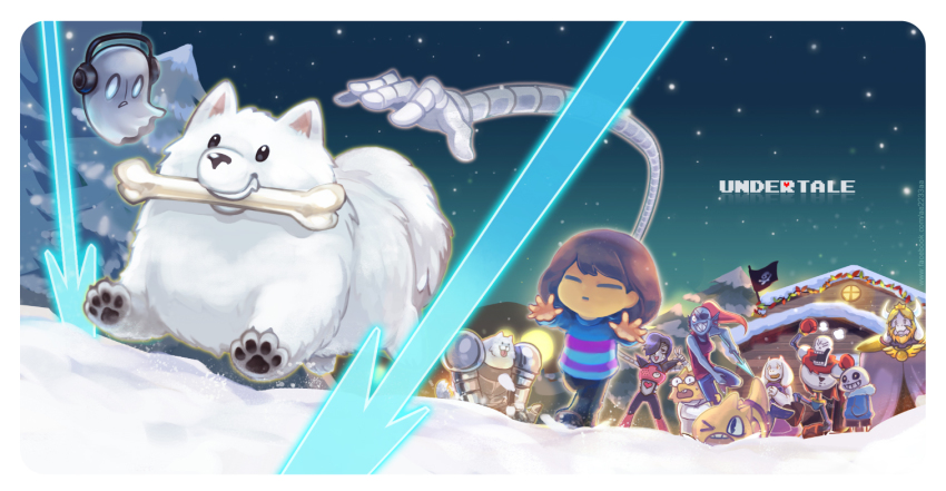 3boys, 3girls, aa2233a, alphys, androgynous, annoying_dog, armor, artist_name