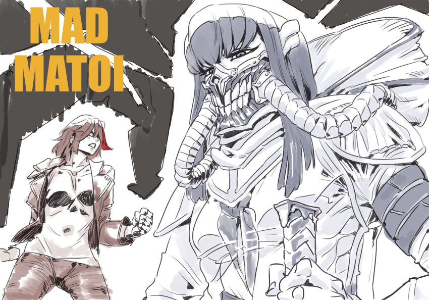 10s, 2girls, cosplay, drawfag, highres, immortan_joe, immortan_joe_(cosplay), jacket