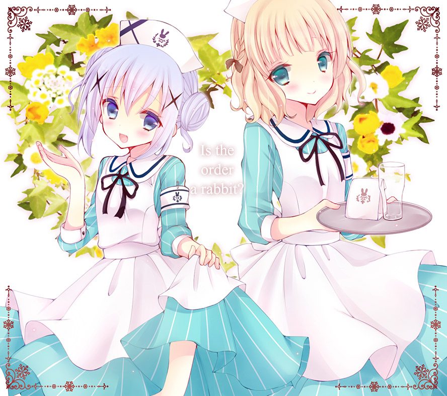 2girls, alternate_costume, bad_id, bad_pixiv_id, blonde_hair, blue_eyes, blue_hair, blush