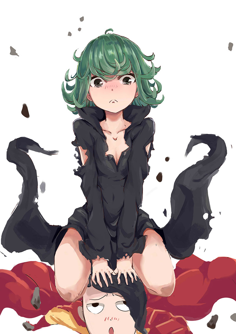 1boy, 1girl, akatsukiame, bald, black_dress, blush, cape, curly_hair, dress, image_sample, one-punch_man, saitama_(one-punch_man), tatsumaki, torn_clothes