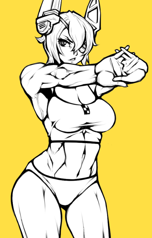 10s, 1girl, 1zu3, abs, bad_id, bad_pixiv_id, breasts, commentary_request, cracking_knuckles, eyepatch, female_focus, kantai_collection, large_breasts, looking_at_viewer, monochrome, muscular, muscular_female, navel, short_hair, simple_background, solo, sports_bikini, swimsuit, tenryuu_(kancolle), toned, yellow_background