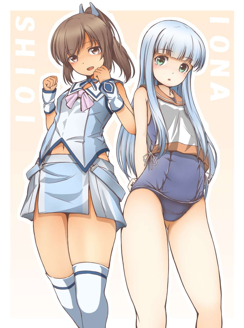 2girls, :d, :o, aoki_hagane_no_arpeggio, blue_hair, brown_eyes, brown_hair, character_name, cosplay, costume_switch, crossover, gauntlets, green_eyes, i-401_(kancolle), i-401_(kancolle)_(cosplay), iona_(aoki_hagane_no_arpeggio), iona_(cosplay), kantai_collection, long_hair, multiple_girls, name_connection, okutama_tarou, old_school_swimsuit, one-piece_swimsuit, open_mouth, ponytail, sailor_collar, school_swimsuit, short_hair, smile, swimsuit, thighhighs