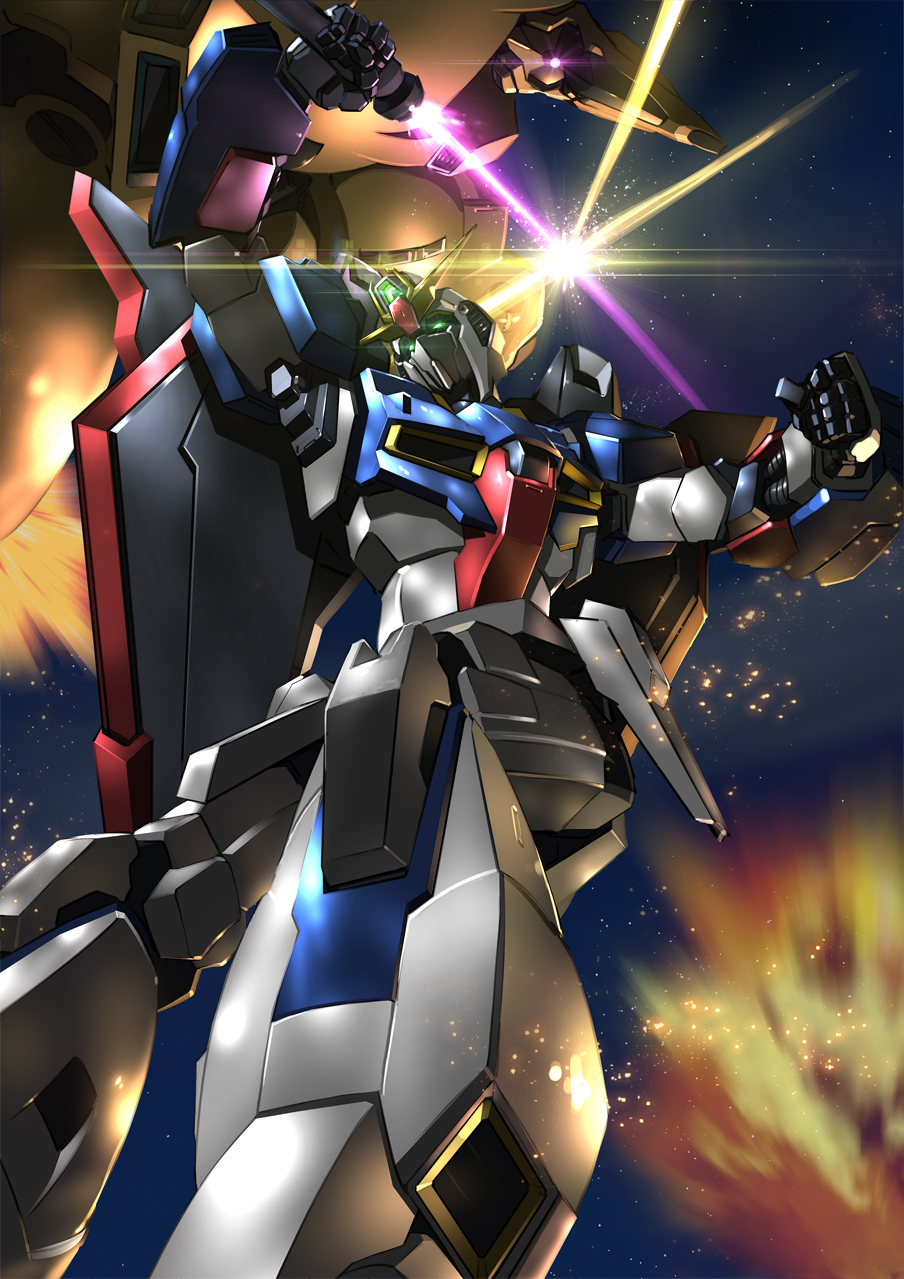 battle, energy_sword, gundam, highres, mecha, no_humans, paintedmike, robot