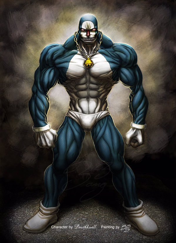 1boy, abs, bangzam, briefs, chain, clenched_teeth, deathknell, doraemon, doraemon_(character), gloves, male_focus, male_underwear, muscular, parody, topless_male, teeth, underwear, white_male_underwear, zack_snyder
