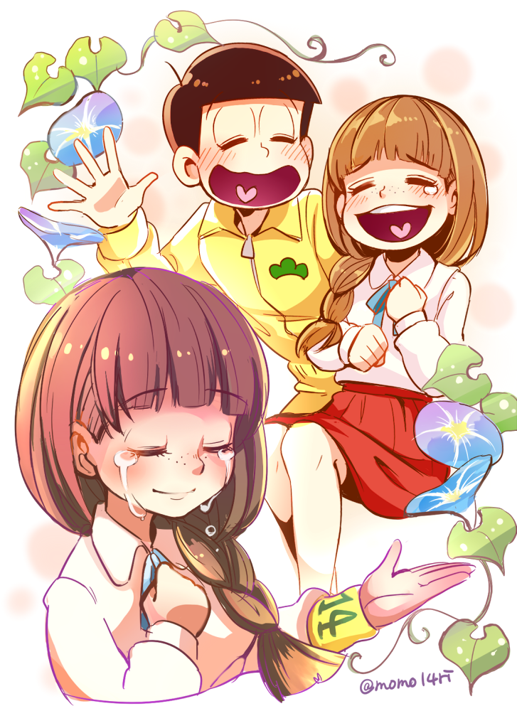 10s, 1boy, 1girl, bad_id, bad_twitter_id, blunt_bangs, blush, bowl_cut