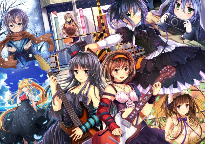 00s, 10s, 6+girls, :d, air_(visual_novel), akiyama_mio, ascot, bare_tree