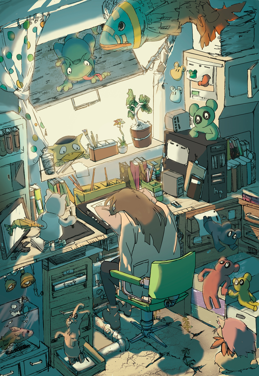 1girl, animal, bad_id, bad_tumblr_id, beak, black_leggings, book, boots, brown_hair, brush, chair, creature, curtains, drawer, drawing_tablet, eraser, face_down, female_focus, fish, flower_pot, frog, highres, indoors, industrial_pipe, jacket, jacket_on_shoulders, lab_coat, leaf, leggings, long_hair, microwave, monitor, mouth_hold, office_chair, original, pencil, plant, rabbit, shelf, sitting, sketch, sleeping, smoking_pipe, solo, stuffed_animal, stuffed_toy, swivel_chair, teddy_bear, waboku_(mashmash), windowsill