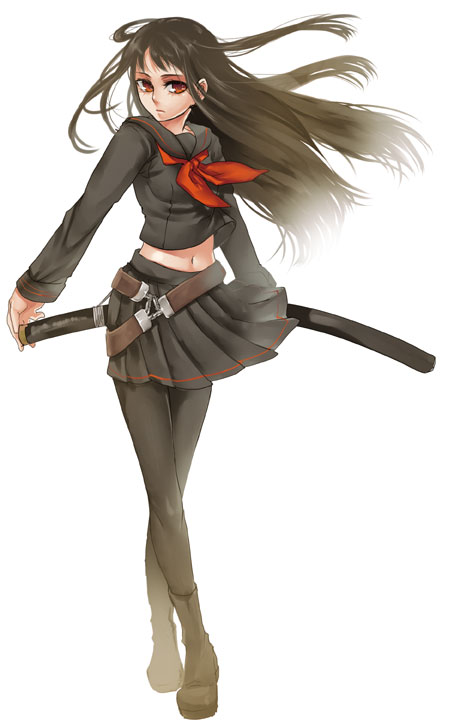bad_id, bad_pixiv_id, belt, black_hair, boots, brown_hair, fading, katana