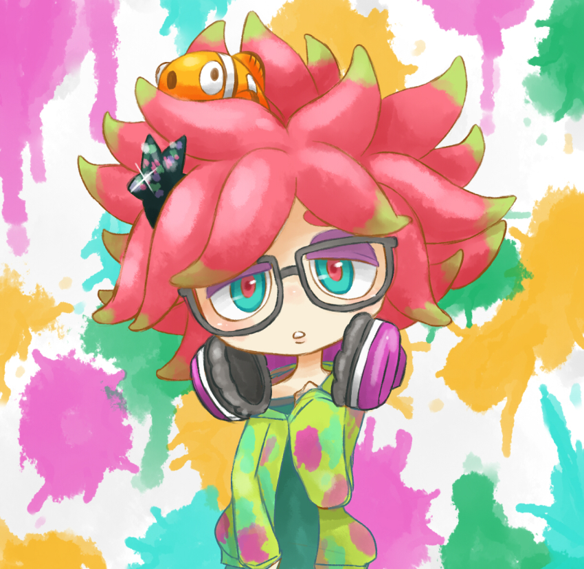 1girl, annie_(splatoon), black-framed_eyewear, blue_eyes, clownfish, eyeshadow, fish, glasses