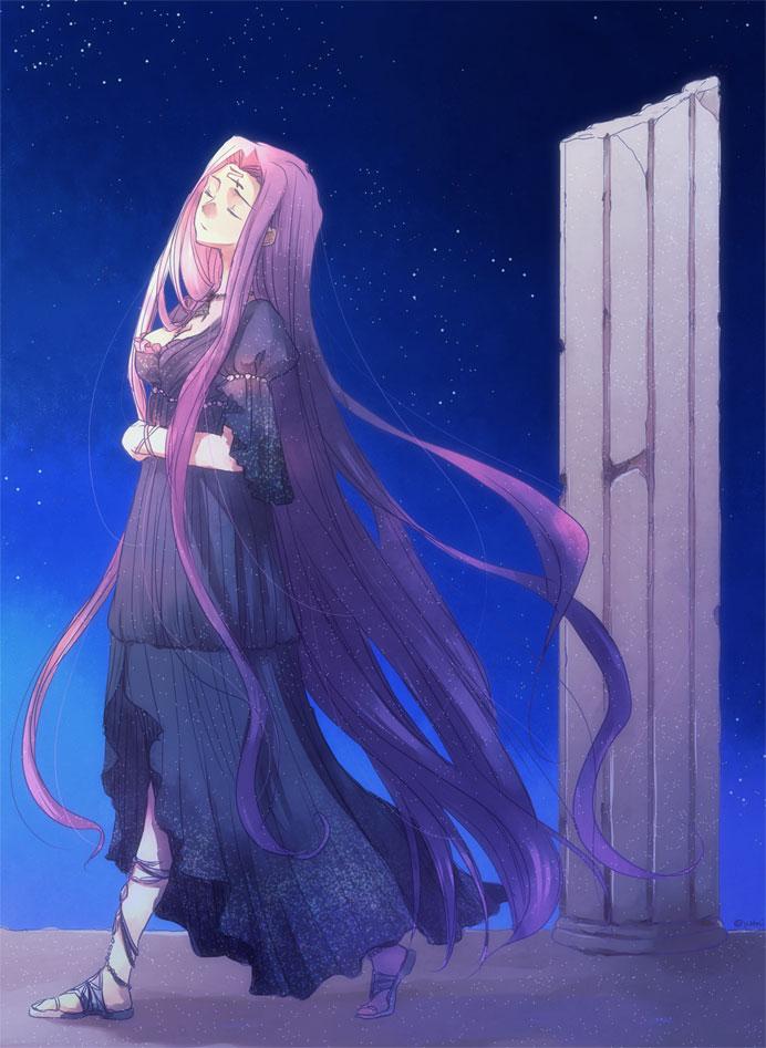 1girl, blue_dress, closed_eyes, dress, facial_mark, fate/hollow_ataraxia, fate/stay_night, fate_(series)