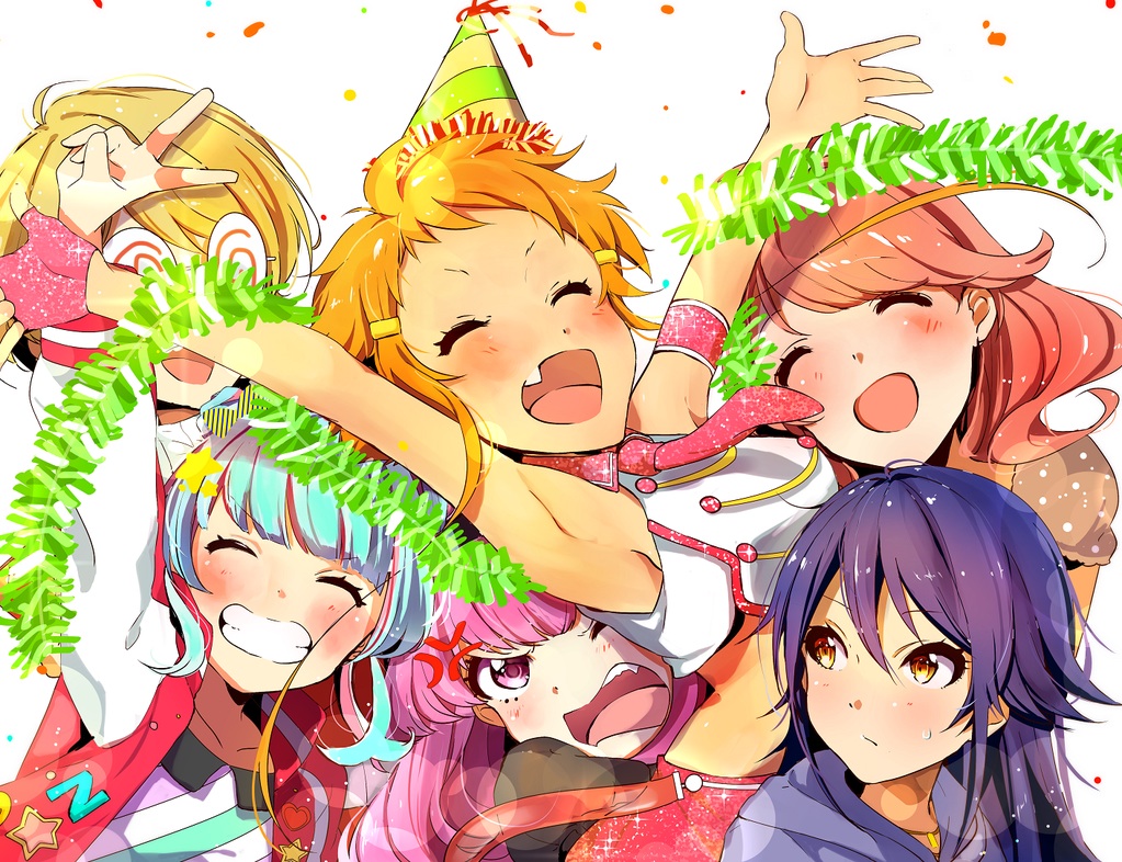 6+girls, @_@, anger_vein, armpits, blonde_hair, blue_hair, blush, brown_eyes