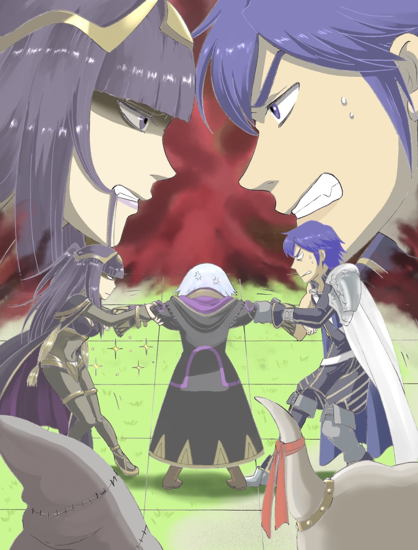 1girl, 2boys, artist_request, black_hair, cape, chrom_(fire_emblem), fire_emblem, fire_emblem_awakening, gloves, helmet, highres, human_tug_of_war, long_hair, male_robin_(fire_emblem), multiple_boys, nintendo, short_hair, tharja_(fire_emblem), tug_of_war