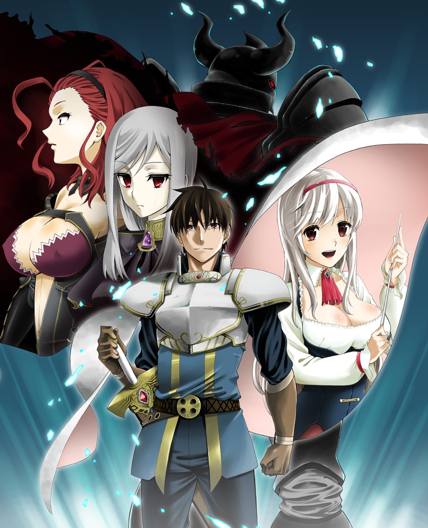 2boys, 3girls, ahoge, anna_(sennen_sensou_aigis), armor, breasts, brown_gloves, brown_hair