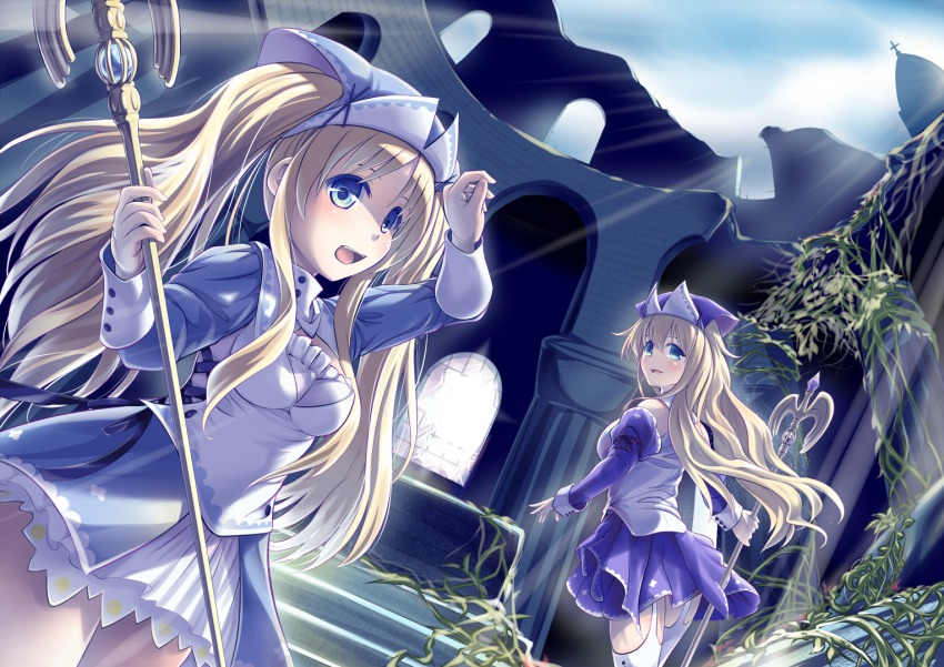 2girls, arch, blonde_hair, blue_eyes, breasts, camilla_(sennen_sensou_aigis), cleavage, dutch_angle