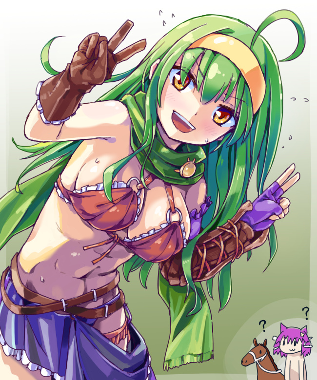 1girl, ?, abs, ahoge, bare_shoulders, bashira_(sennen_sensou_aigis), bashira_(sennen_sensou_aigis)_(cosplay), belt, breasts, brown_gloves, cape, carrie_(sennen_sensou_aigis), cleavage, cosplay, gloves, green_cape, green_hair, headband, horse, midriff, navel, open_mouth, rename6, sennen_sensou_aigis, solo_focus, v, yellow_eyes