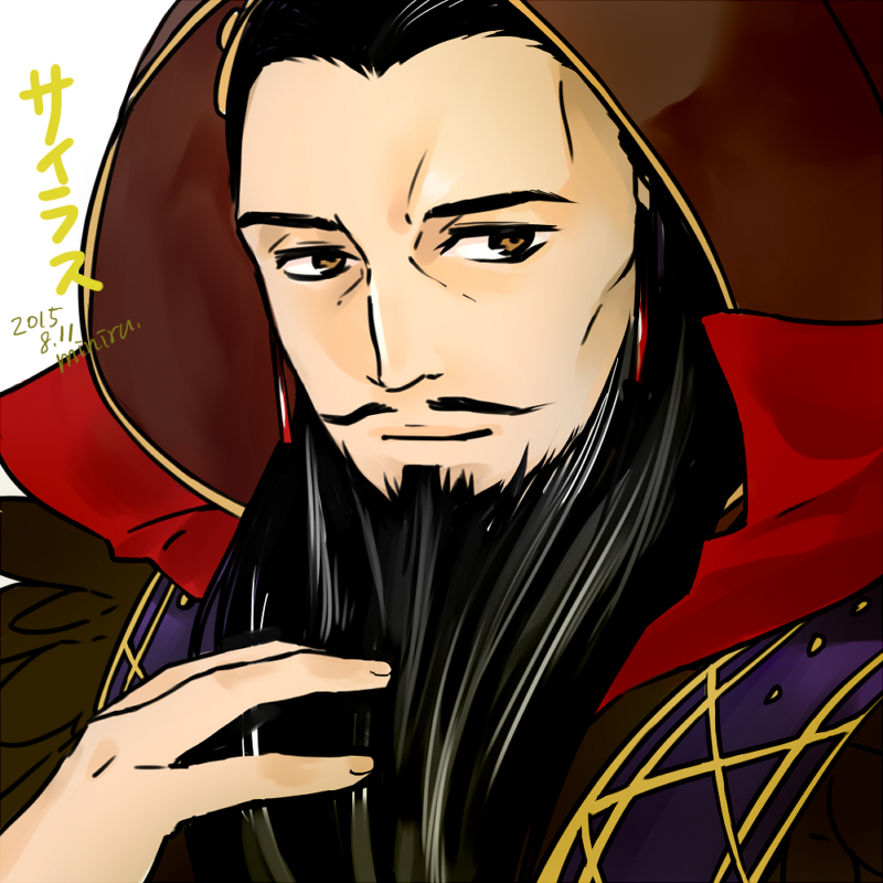 10s, 1boy, 2015, artist_name, bad_id, bad_pixiv_id, beard, black_hair, cyrus_(sennen_sensou_aigis), dated, facial_hair, hood, male_focus, miniru, mustache, portrait, sennen_sensou_aigis, solo, stroking_beard, upper_body